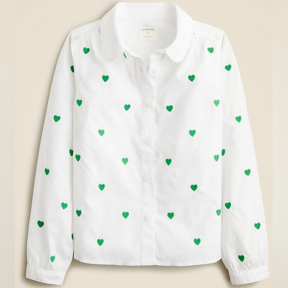 Crewcuts green embroidered hearts button down shirt.